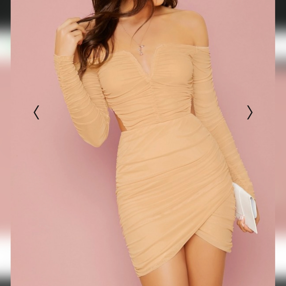Light tan camel SHEIN Notch Neck Cutout Detail Ruched Mesh Dress With Wrap Skirt